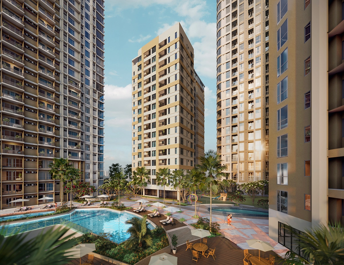 Aerial view of the amenity deck and pools