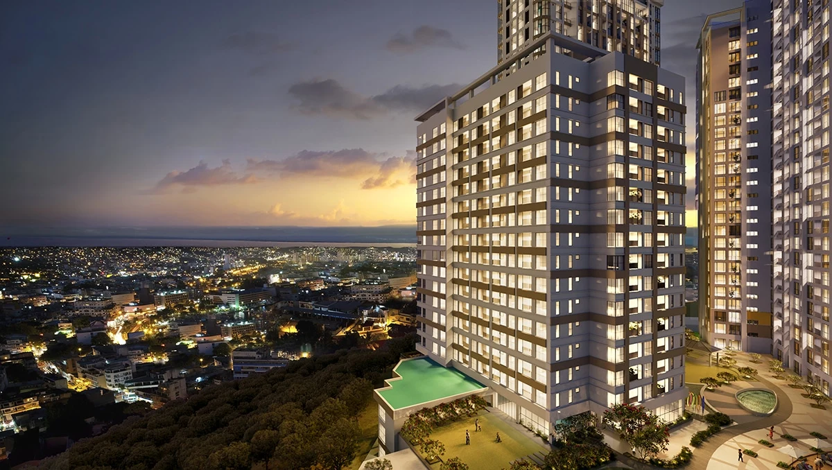 Marco Polo Parkplace at dusk overlooking Cebu City and the sea